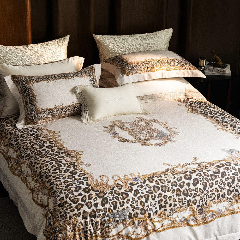 Luxurious satin bedding set with baroque leopard pattern