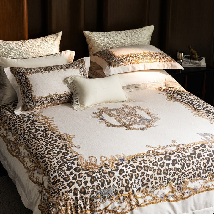 Luxurious satin bedding set with baroque leopard pattern