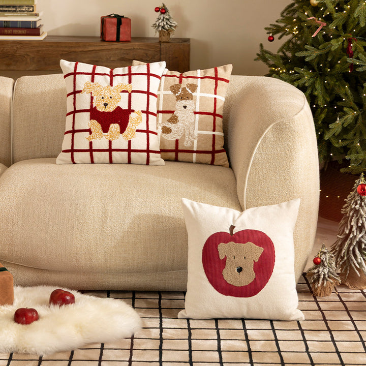 Square decorative cushion with stitched dog appliqué and soft cotton blend