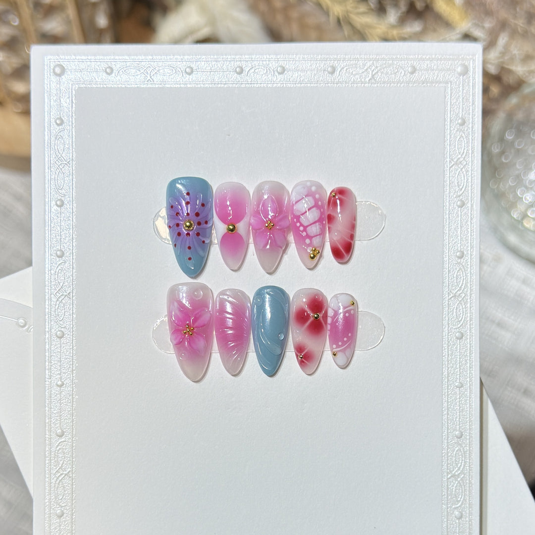 Artistic Press-On Nail Set with Floral and Abstract Designs Kalsten