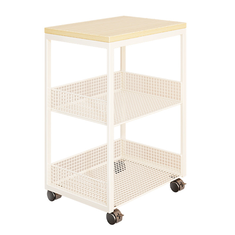 Two-Tier Rolling Mesh Storage Cart with Wood Top and Locking Casters