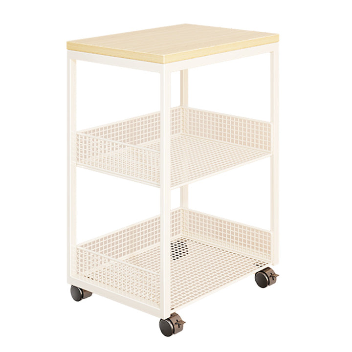 Two-Tier Rolling Mesh Storage Cart with Wood Top and Locking Casters