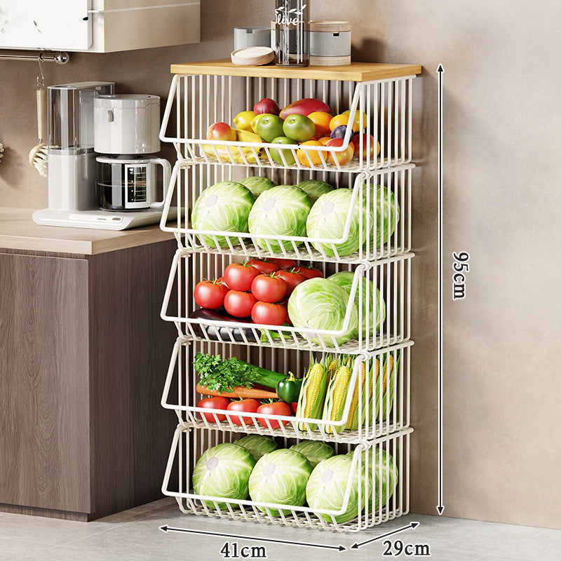 Multi-Tier Rolling Kitchen Fruit and Vegetable Storage Cart with Wood Top