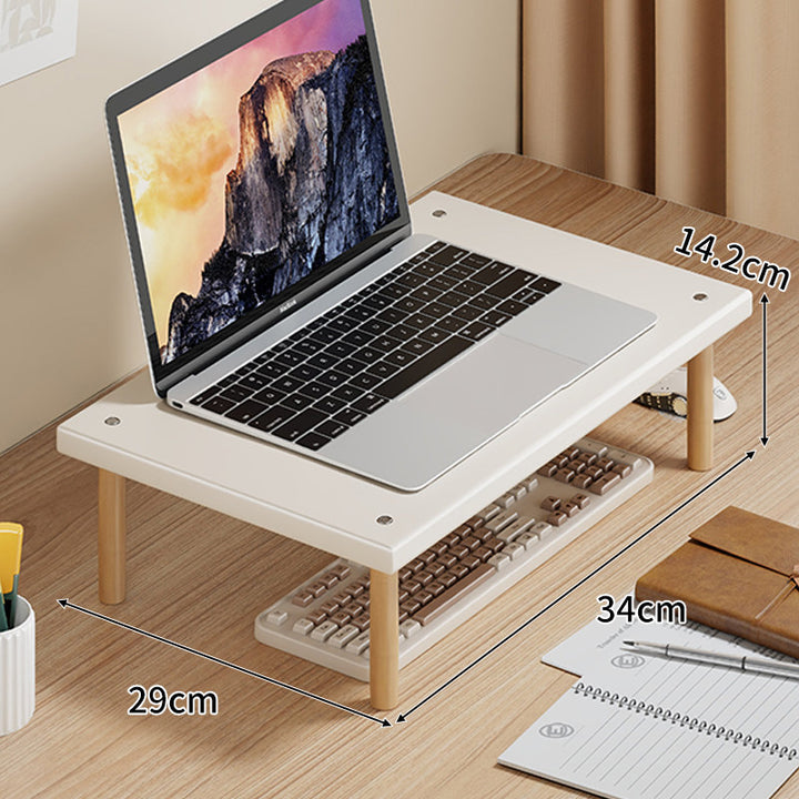Compact Desktop Laptop and Monitor Riser with Under-Keyboard Storage and Wood Legs