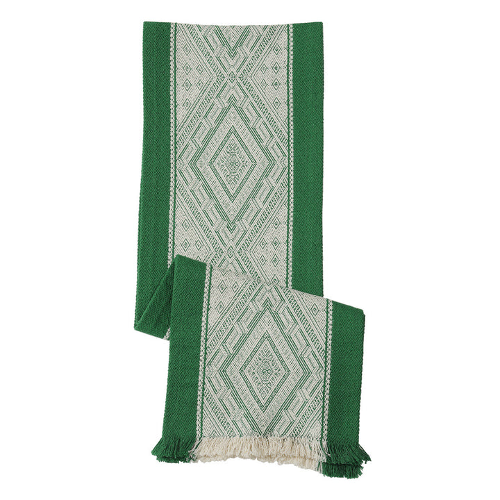 Woven table runner with geometric ethnic ornament and fringes Kalsten