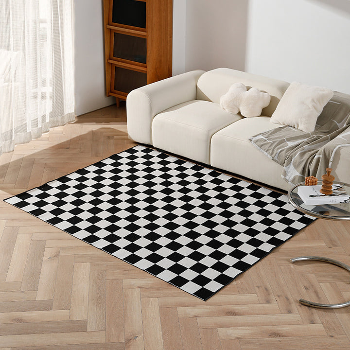 Geometric flat-woven living room rug with stripe and tile pattern