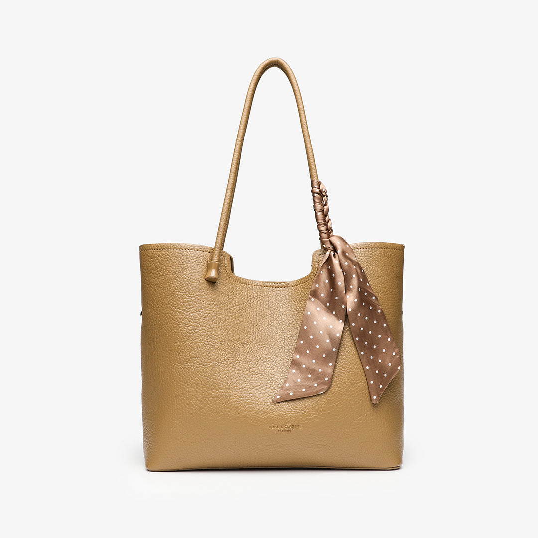 Elegant Leather Tote Bag with Decorative Scarf