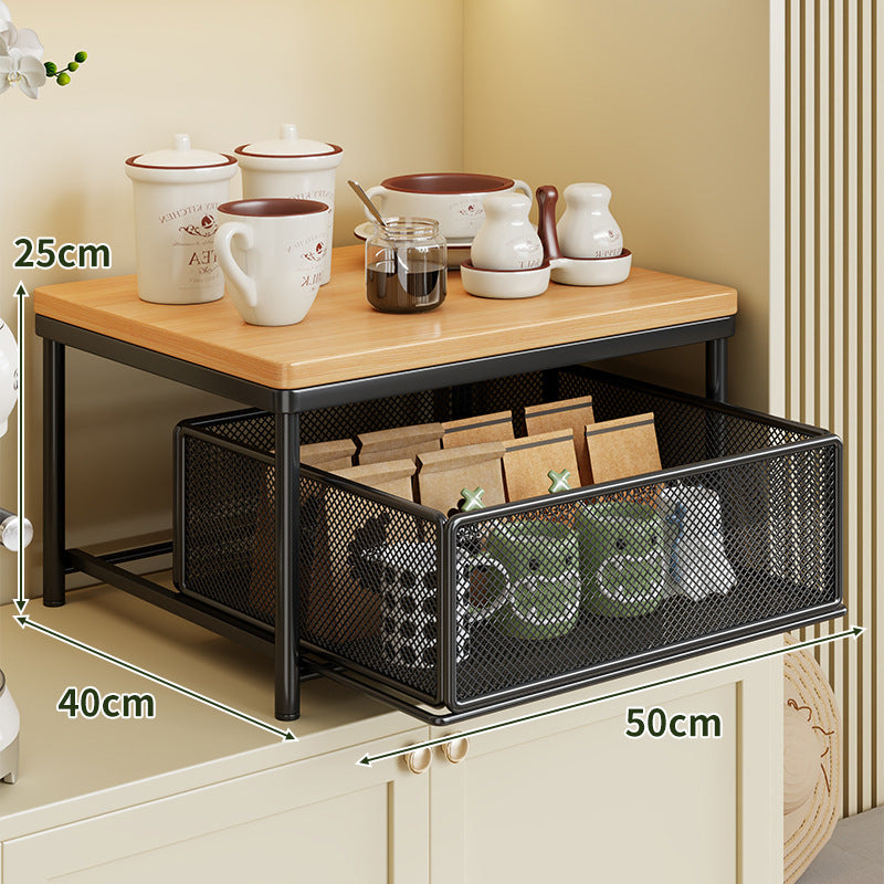 Sliding Mesh Cabinet Basket with Wood-Top Counter Riser