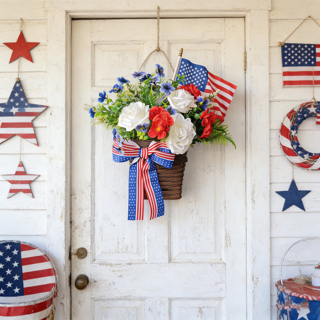 Unisex nan American patriotic door hanging floral basket with ribbon accents Kalsten