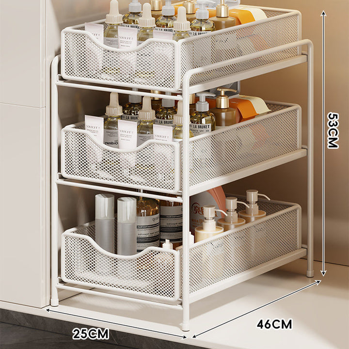 Three-Tier Sliding Mesh Drawer Cabinet Organizer for Kitchen and Bathroom