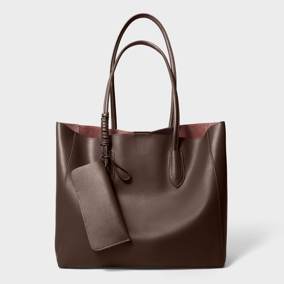 Leather Structured Tote Bag with Detachable Pouch