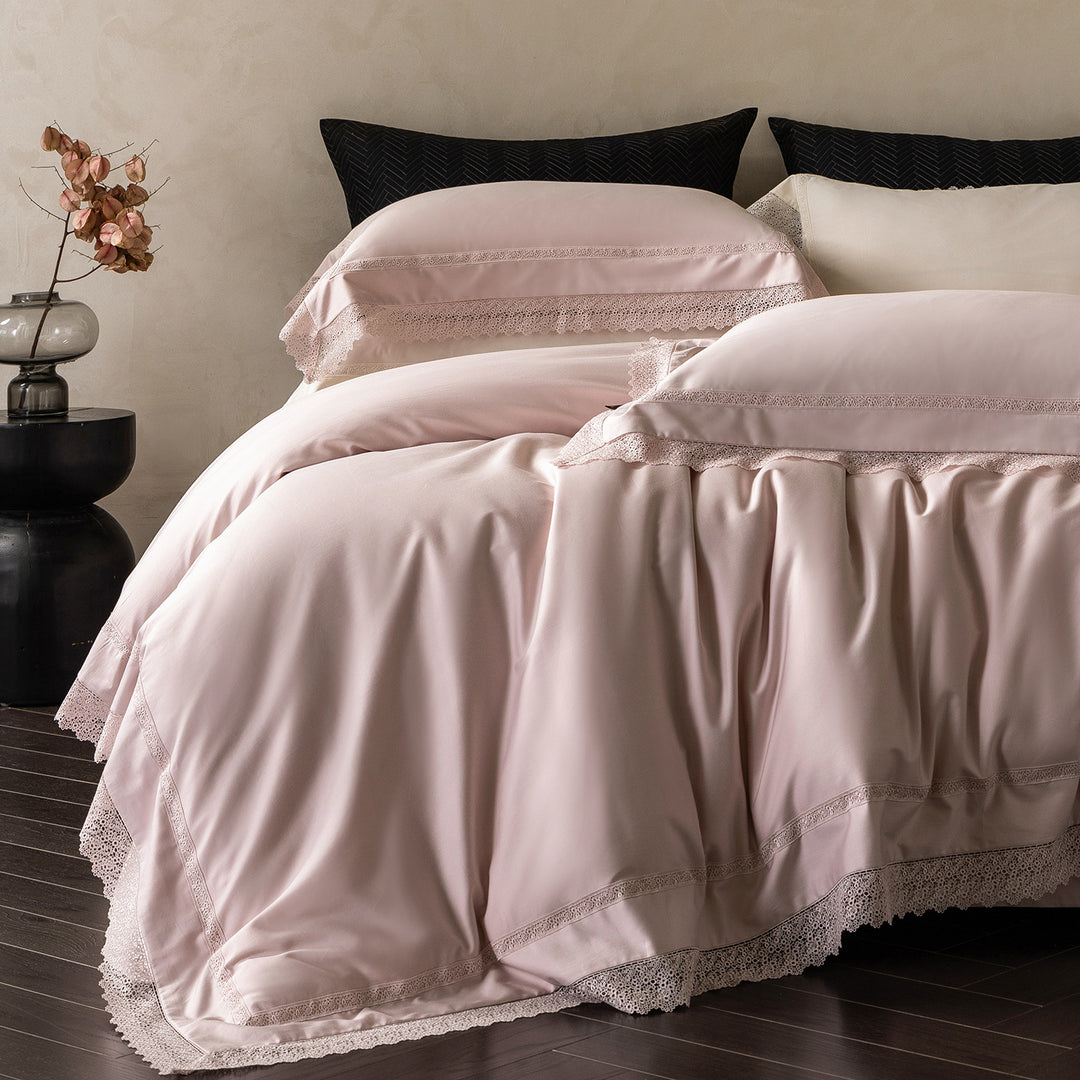 Noble cotton satin bedding set with fine lace trim and hotel closure