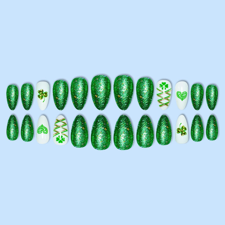 Glamorous Stiletto Press-On Nail Art with Glitter and Shamrock Design Kalsten