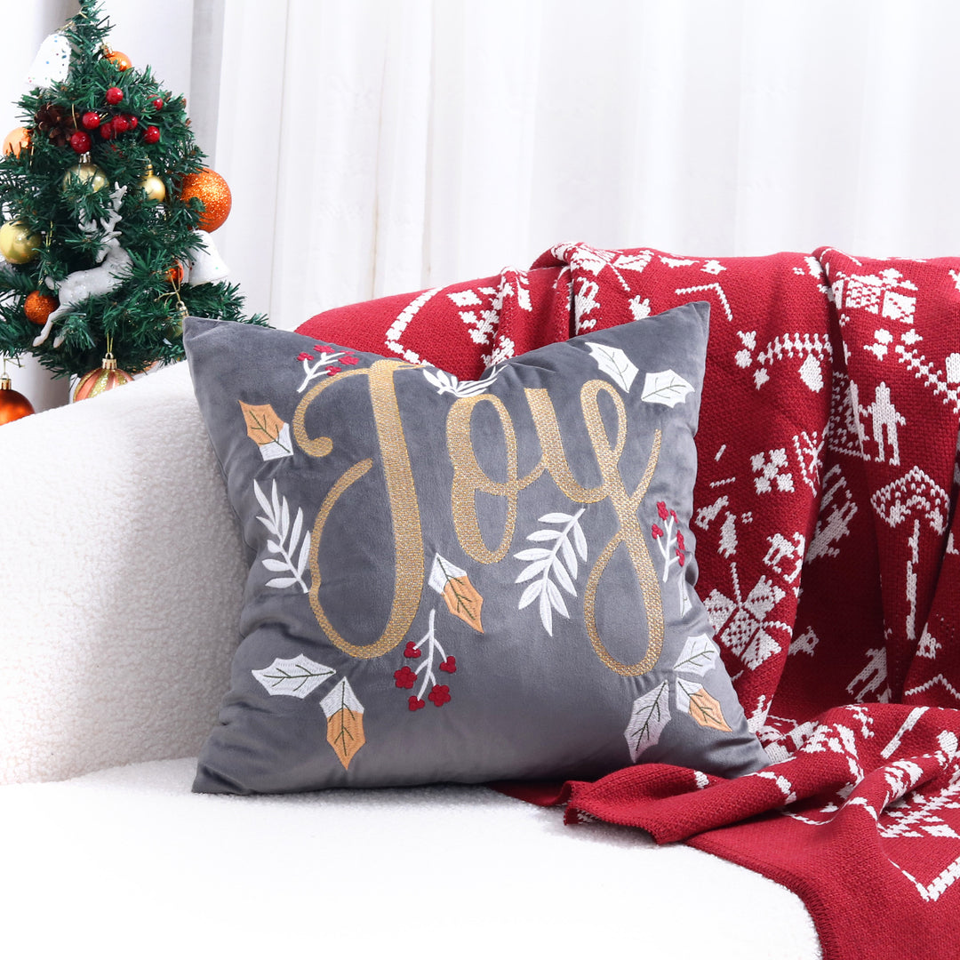 Velvet Embroidered Festive Accent Pillow Cover with Metallic Script