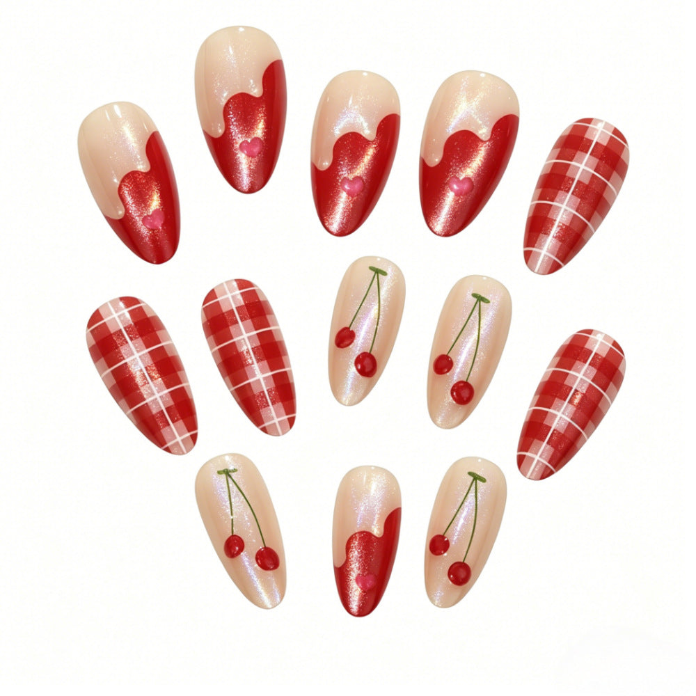 Artificial nails with romantic cherry and checkered pattern Kalsten