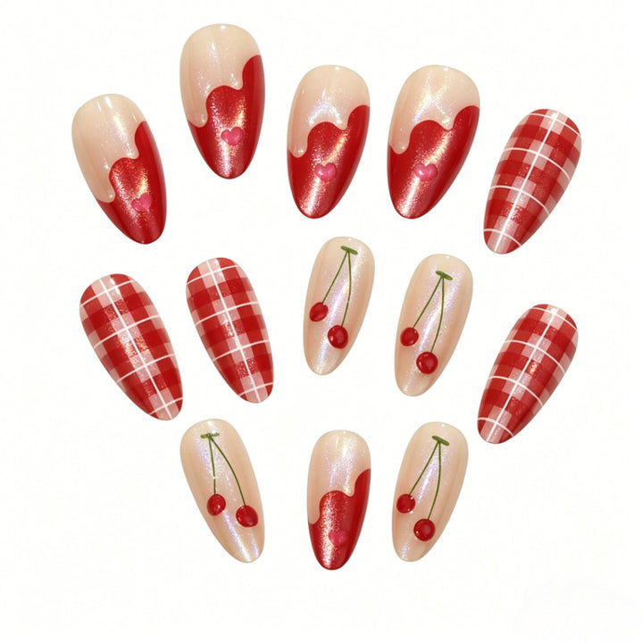 Artificial nails with romantic cherry and checkered pattern Kalsten
