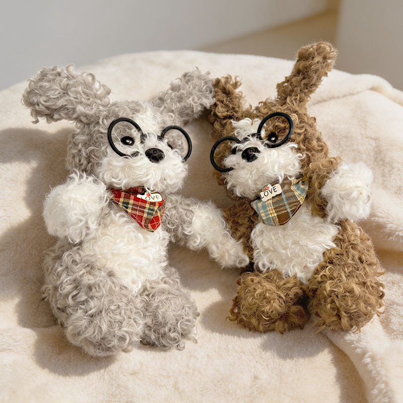 Curly-Fur Sitting Puppy Plush with Round Glasses & Plaid 'LOVE' Bandana Kalsten
