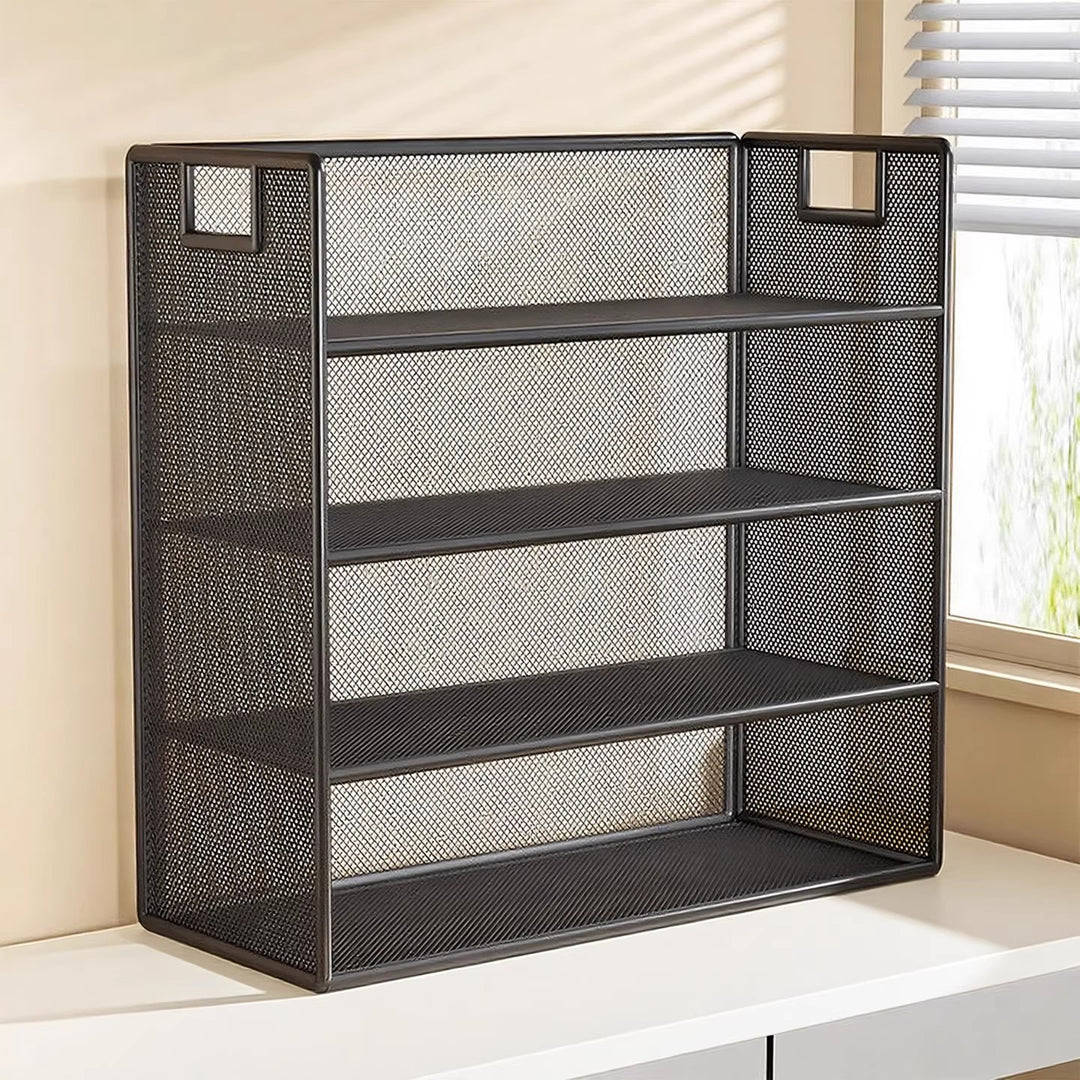 Perforated Metal Two-Tier Desktop Organizer Shelf with Integrated Carry Handles