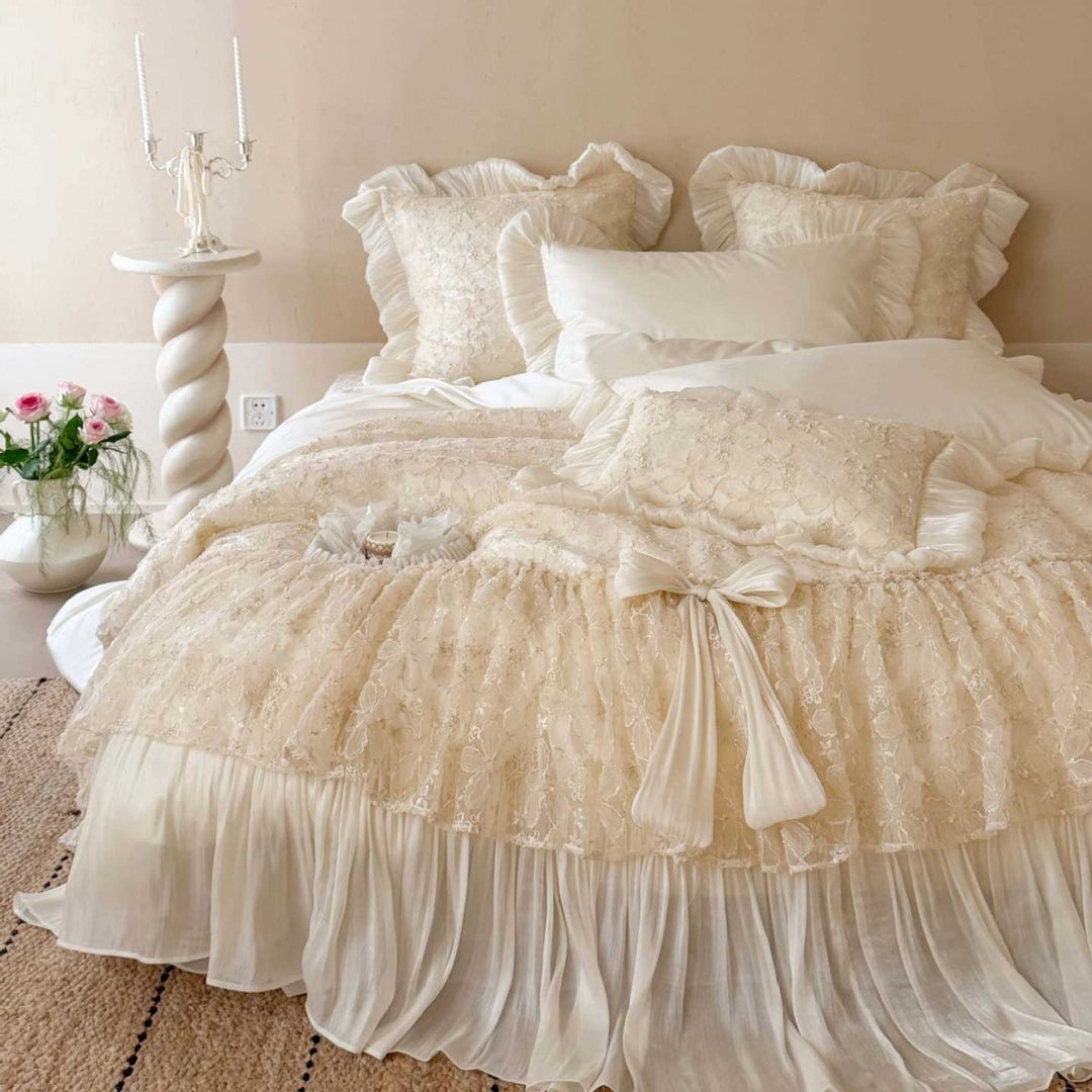 Romantic satin bedding set with ruffles and lace bedspread