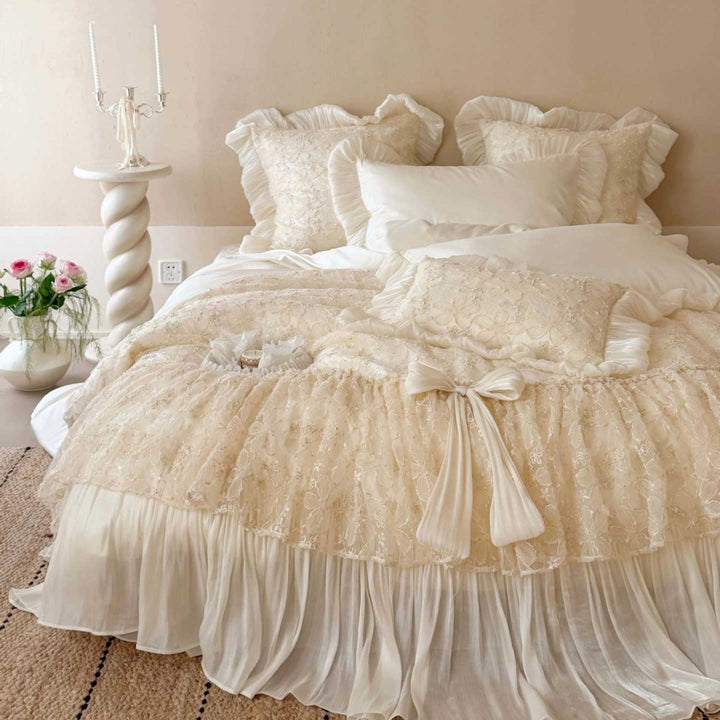 Romantic satin bedding set with ruffles and lace bedspread