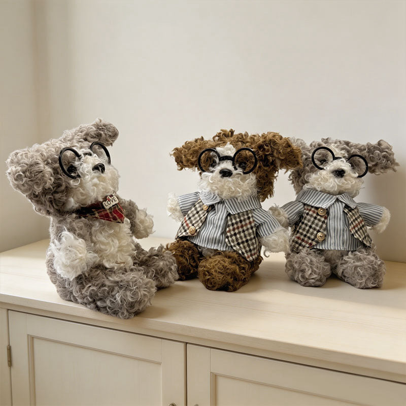 Curly-Fur Sitting Puppy Plush with Round Glasses & Plaid 'LOVE' Bandana Kalsten