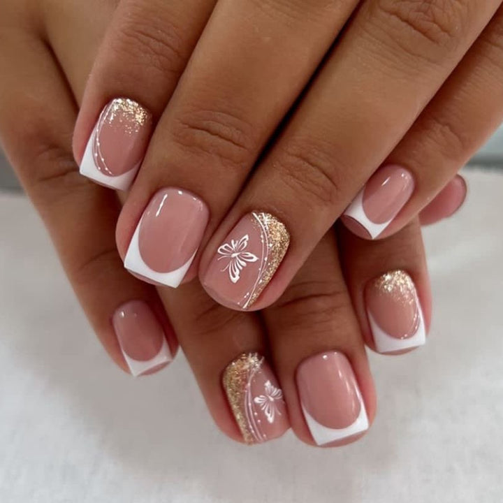 Elegant Nail Extensions with Glitter and Flower Patterns Kalsten