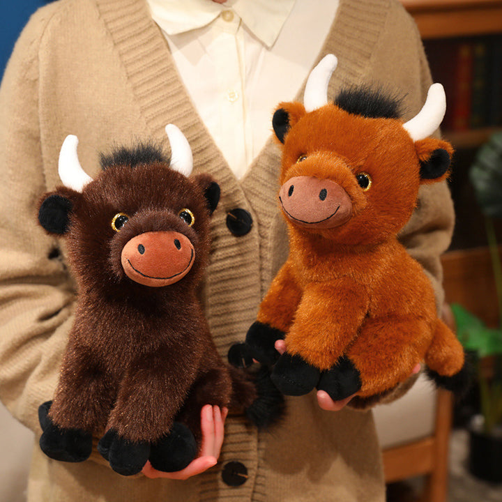 Sitting Plush Bull Decorative Soft Toy with Embroidered Snout, Horns & Soft Faux-Fur Kalsten