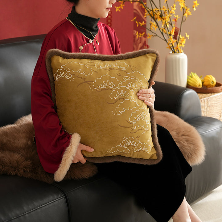 Square velvet decorative cushion with delicate floral embroidery and soft faux fur trim