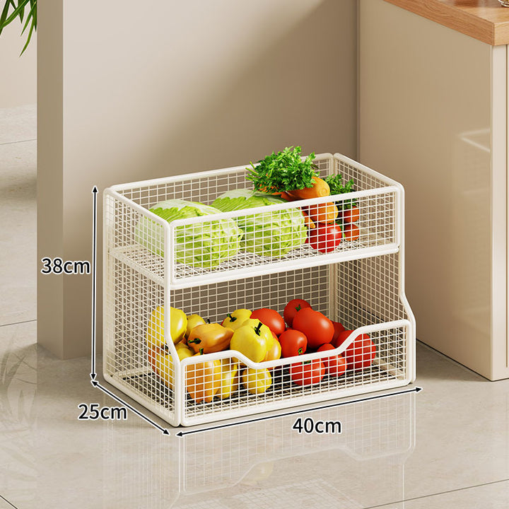 Two Tier Wire Mesh Kitchen Produce Storage Rack with Slide Out Lower Basket