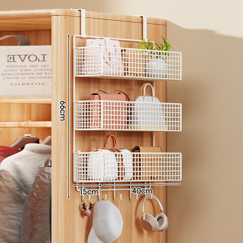 Over-the-Door Metal Grid Hanging Organizer with Four Stackable Baskets and Hooks