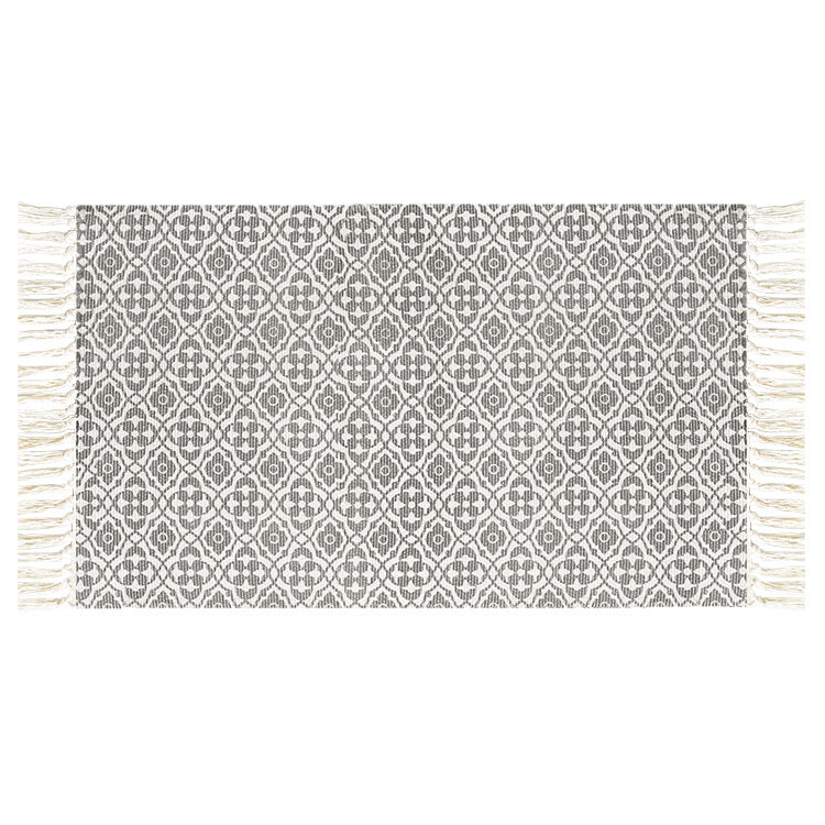 Flat-woven cotton runner with Mediterranean tile jacquard and decorative fringes Kalsten