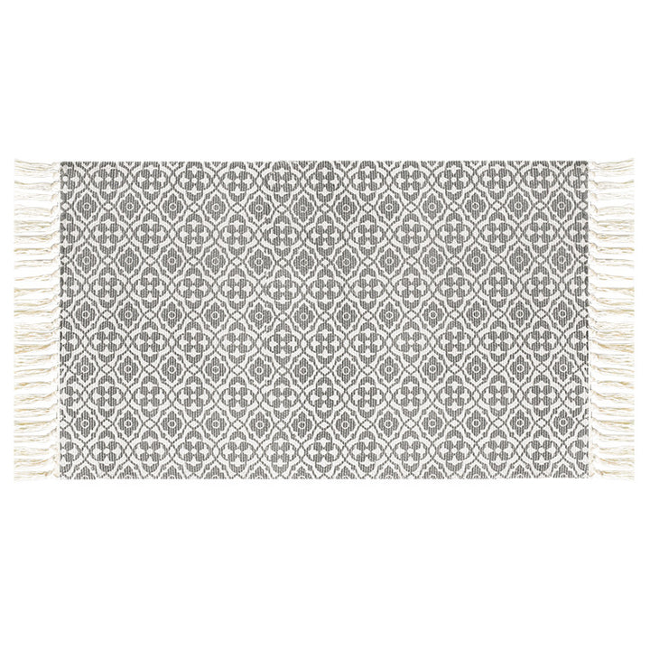 Flat-woven cotton runner with Mediterranean tile jacquard and decorative fringes Kalsten