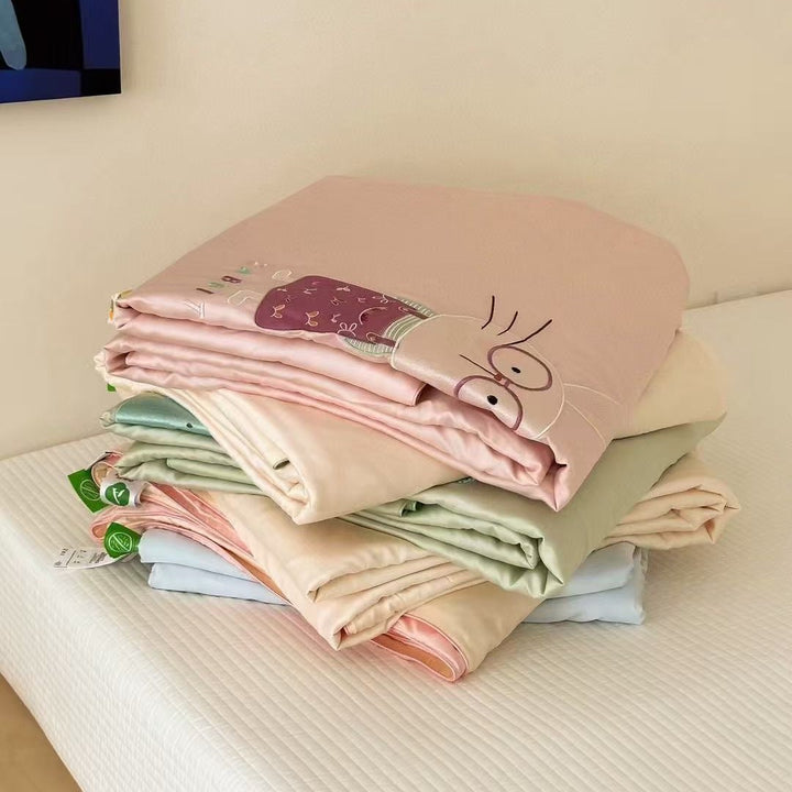 Children's satin bedding set with embroidered bunny moon and silky reversible throw