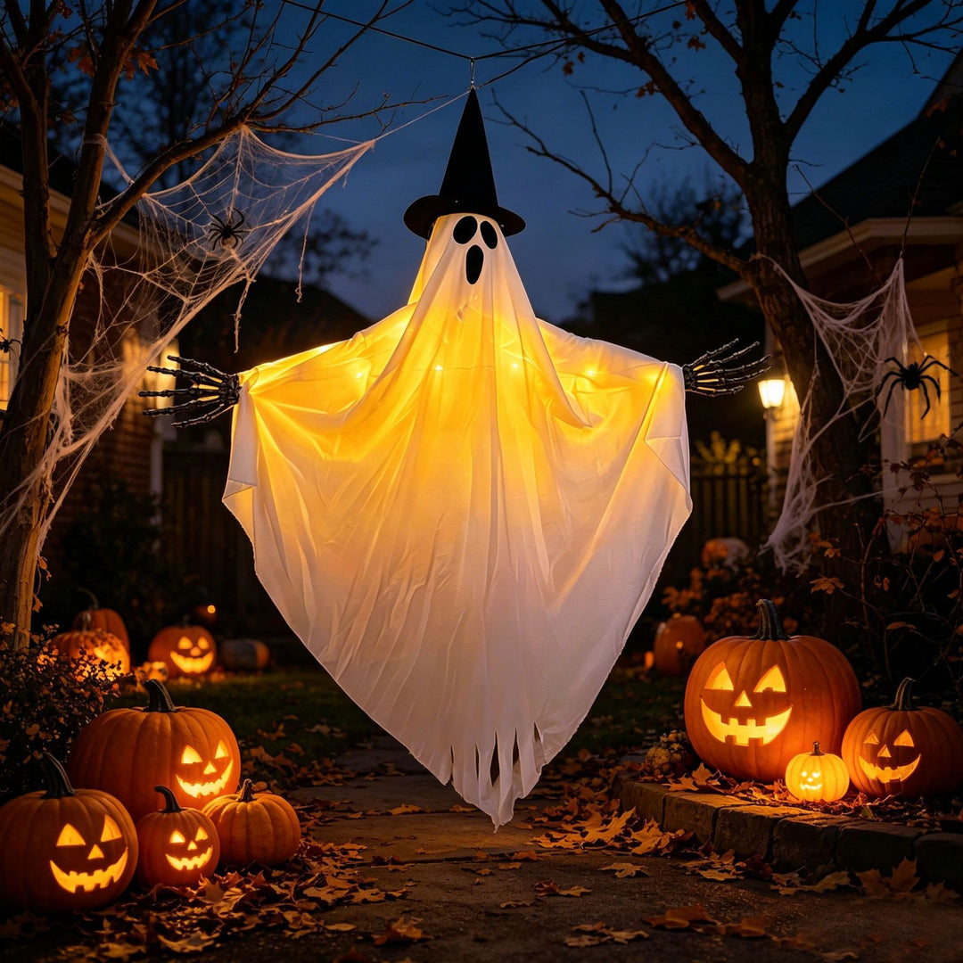 LED hanging ghost decoration with witch hat and skeleton arms