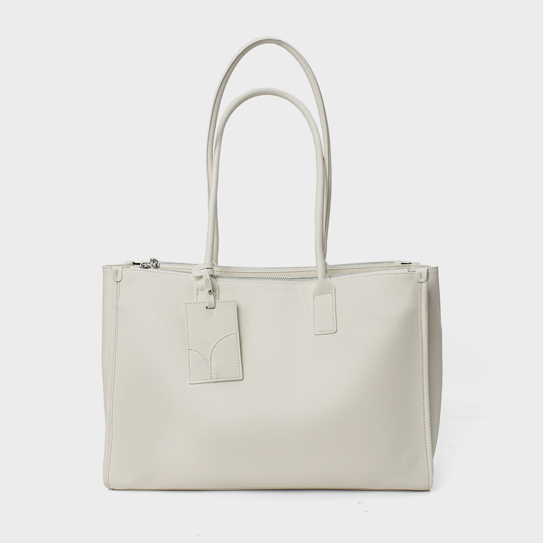 Smooth Vegan Leather Structured Top-Zip Tote with Double Rolled Handles and Luggage Tag