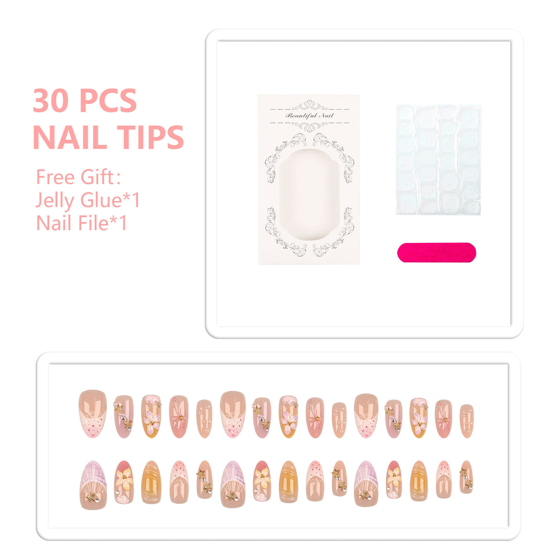 Decorative Press-On Nail Set with Floral Accents