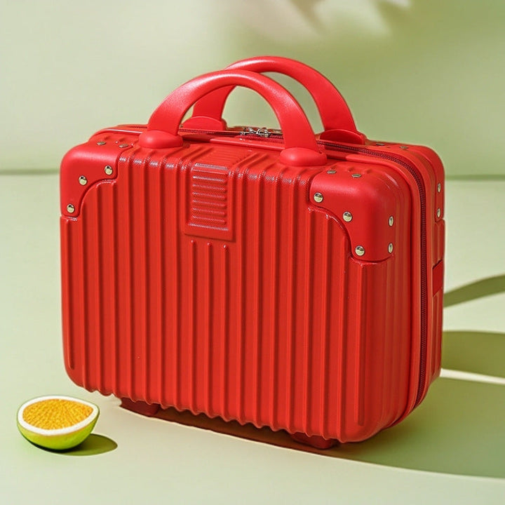 structured hard-shell vanity travel case with faux-leather corner reinforcements and dual top handles Kalsten