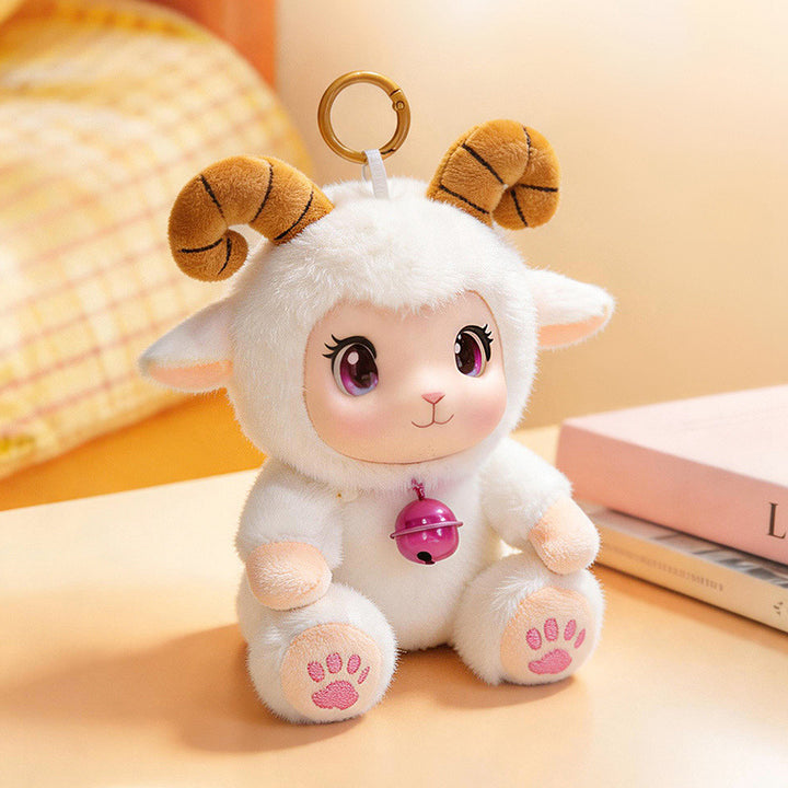 Plush Ram Keychain Charm with Curly Faux-Fur, Sculpted Face, Bell Necklace and Metal Ring Kalsten