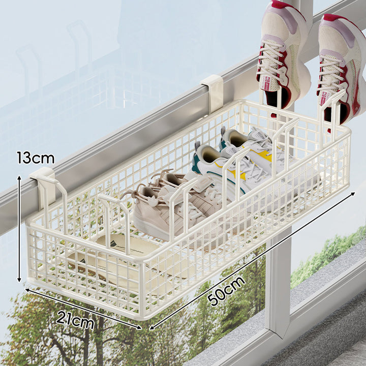 Over-Rail Balcony Shoe Drying and Storage Basket with Divided Mesh Compartments
