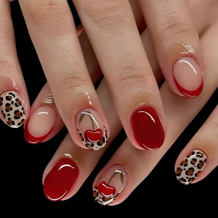 Artificial nail set with trendy leopard and cherry designs Kalsten