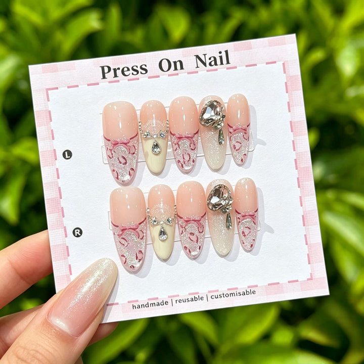 Artistic Press-On Nail Art Set with Cute Character and Bow Accents