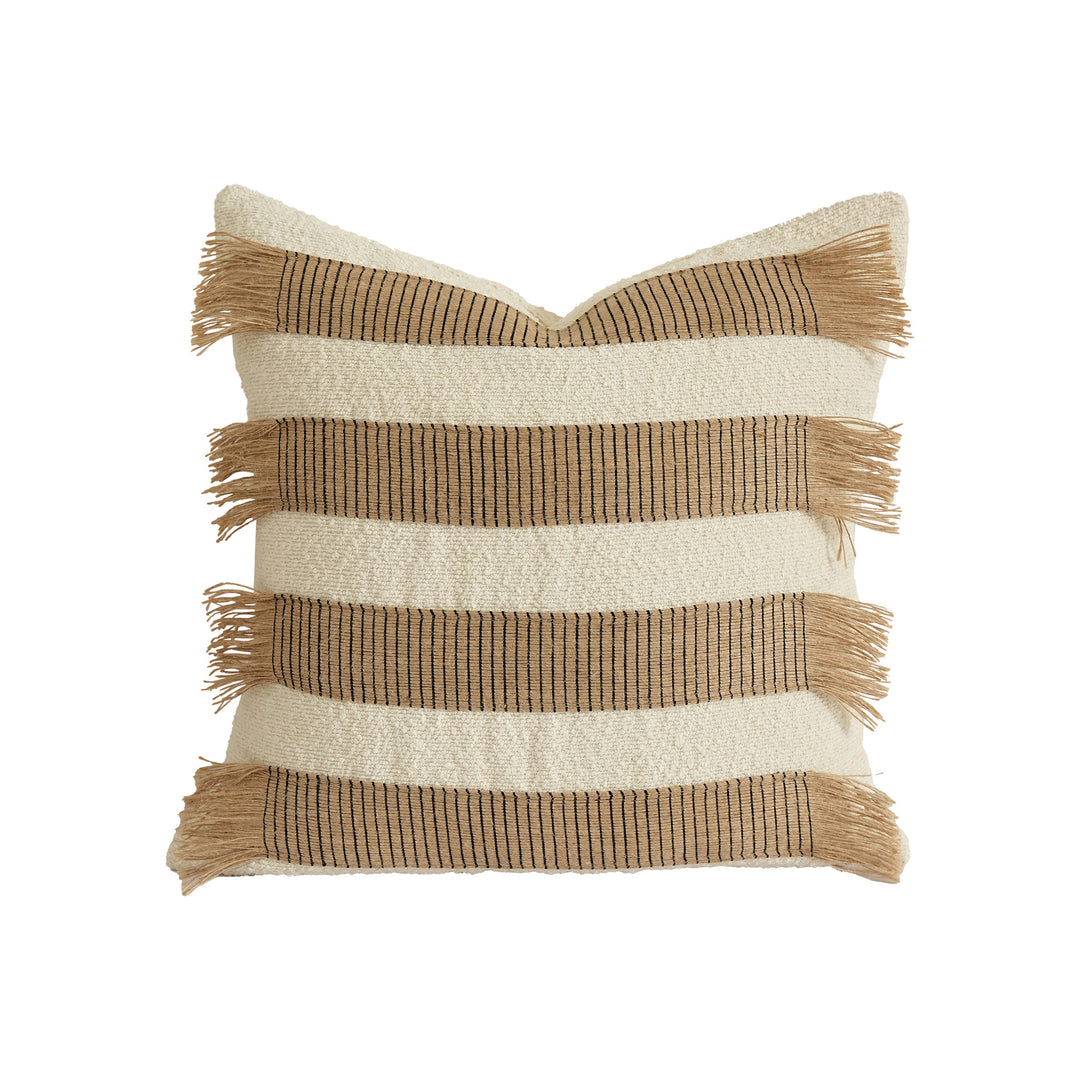 Rectangular decorative cushion with fringes and woven stripes