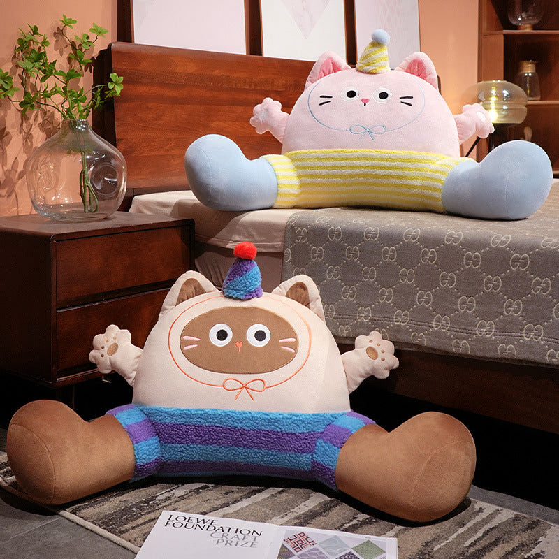Large decorative plush cuddle pillow in playful cat doll shape with long legs and soft filling core