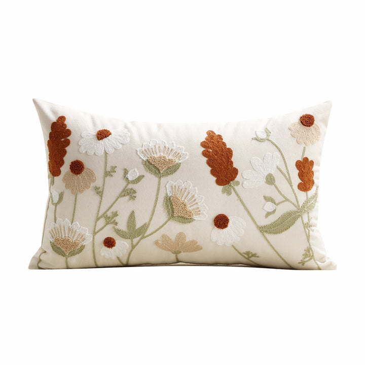 Embroidered Floral Lumbar Throw Pillow Cover with Textured Chenille Appliqué and Hidden Zipper