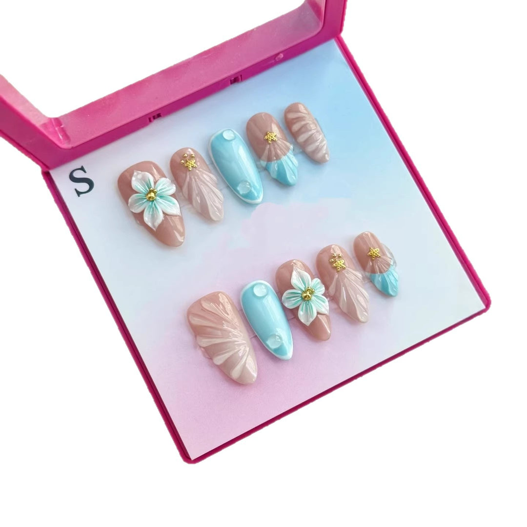 Artistic Press-On Nail Set with Floral and Gem Accents  1791774122