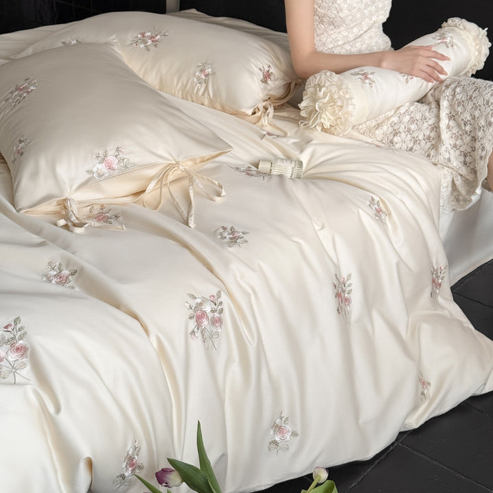 Satin bed linen set with floral hand embroidery and silky shiny finish Kalsten