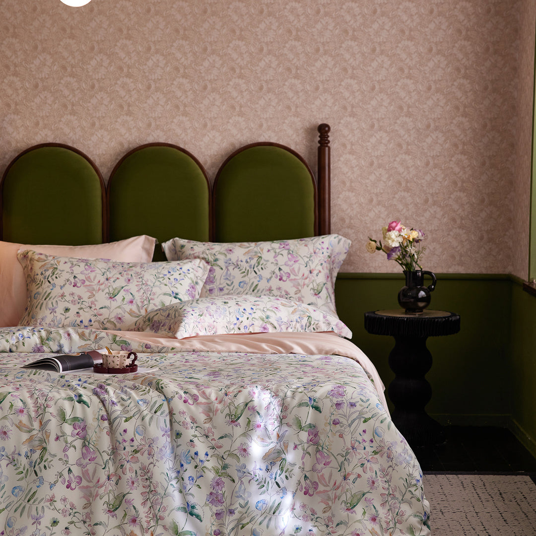 Premium cotton satin bedding set with watercolor wildflower print and extra soft satin finish