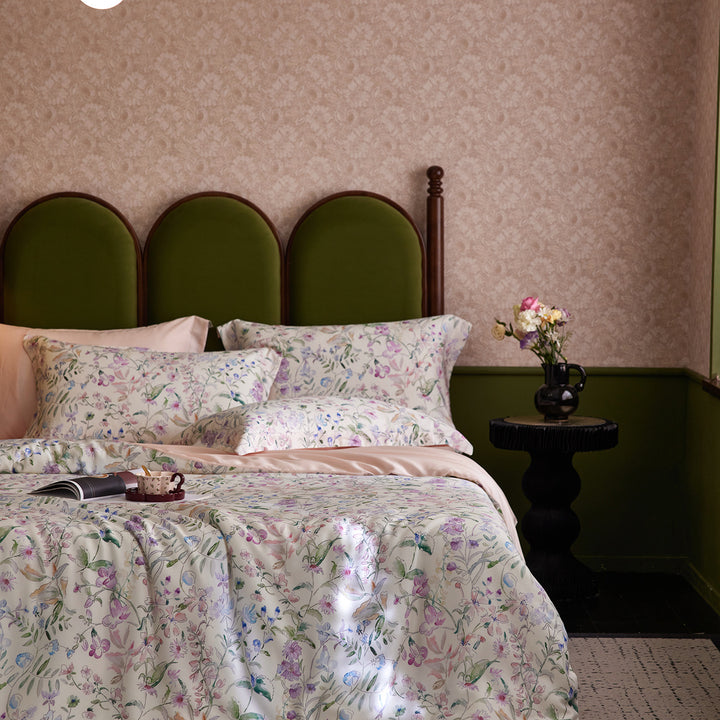 Premium cotton satin bedding set with watercolor wildflower print and extra soft satin finish