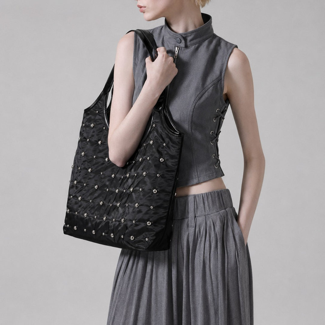 Quilted Tote Bag with Studded Accents