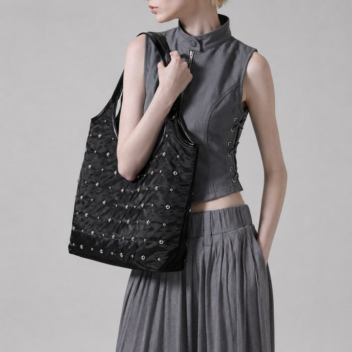 Quilted Tote Bag with Studded Accents